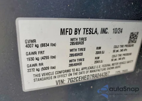 2024 Tesla Cybertruck z USA, uszkodzony, nr VIN 7G2CEHED7RA044367